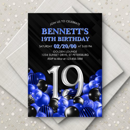 Balloons Blue 19th Birthday Invitation