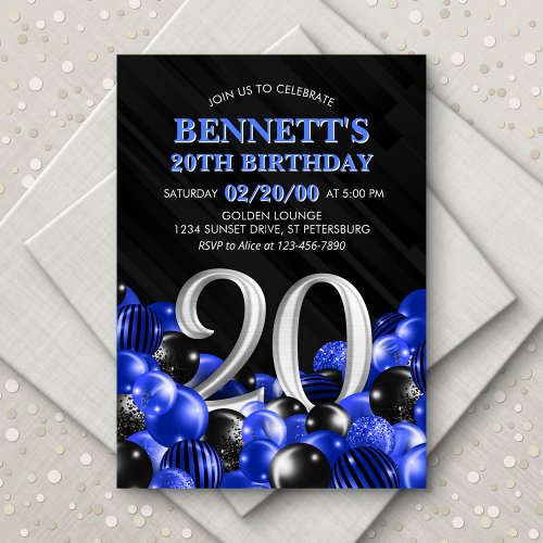 Balloons Blue 20th Birthday Invitation