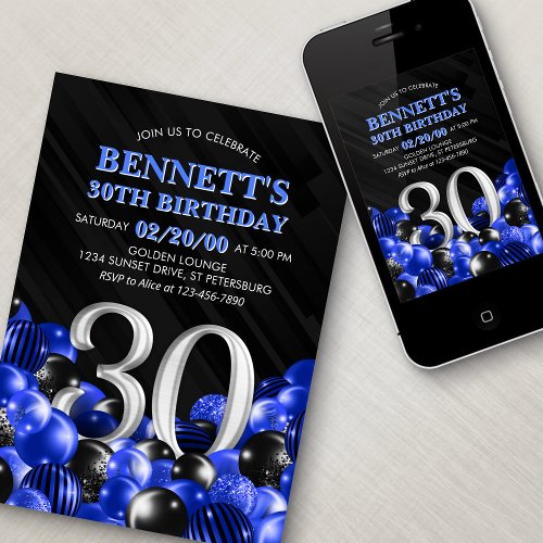 Balloons Blue 30th Birthday Invitation