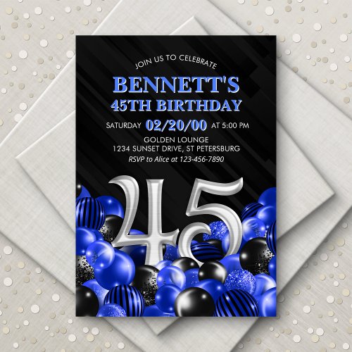Balloons Blue 45th Birthday Invitation