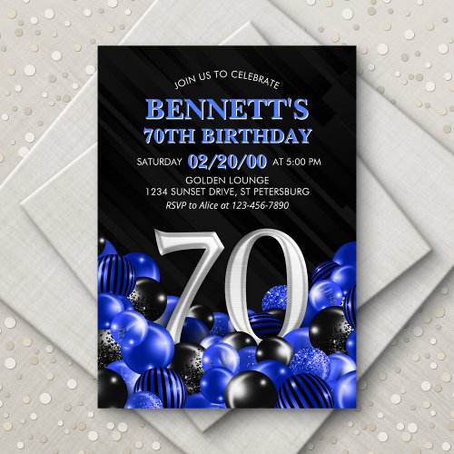 Balloons Blue 70th Birthday Invitation