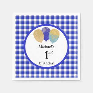 Balloons & Blue Gingham 1st Birthday Napkins