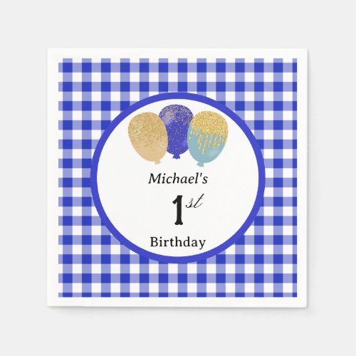 Balloons & Blue Gingham 1st Birthday Napkins