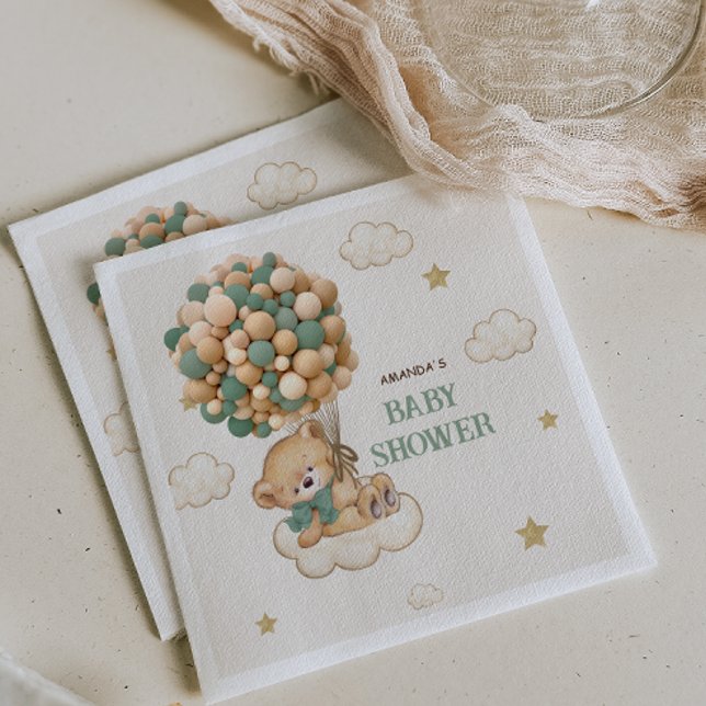 Balloons Boho Teddy Bear Baby Shower Beige Green   Napkins (Creator Uploaded)