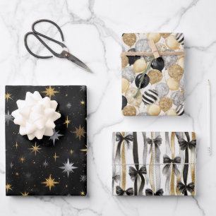 Balloons & Bows Gold Black Silver Christmas   Wrapping Paper Sheets