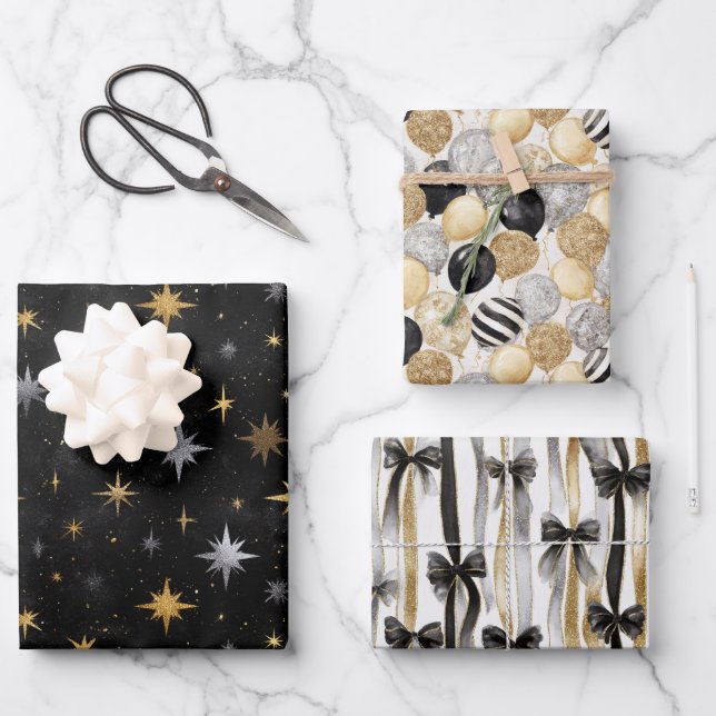 Balloons & Bows Gold Black Silver Christmas   Wrapping Paper Sheets (Front)