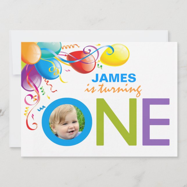 Balloons Boy First Birthday Party | Photo Invite (Front)