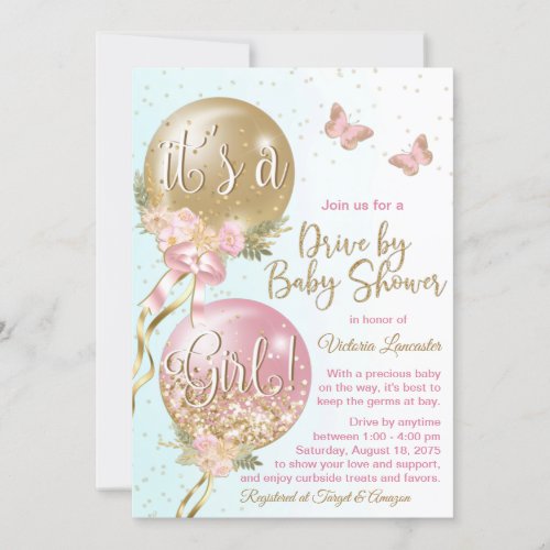 Balloons Butterflies Covid Drive By Baby Shower Invitation
