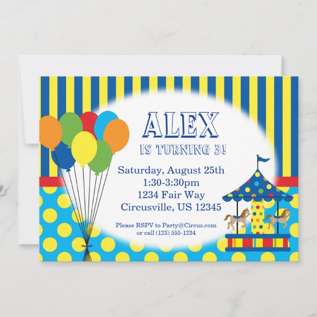 Balloons, Carousel, Carnival Circus Birthday Party Invitation (Front)
