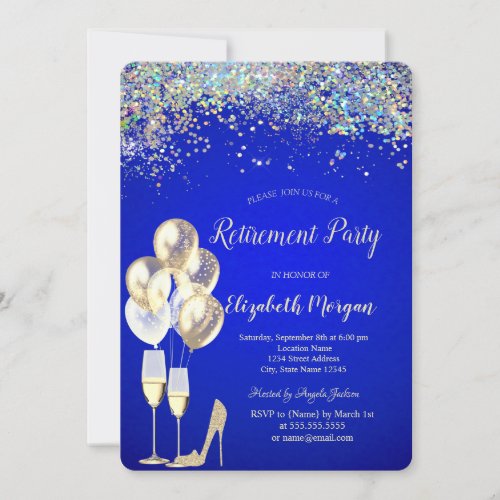 BalloonsColorful Confetti Royal Blue Retirement  Invitation