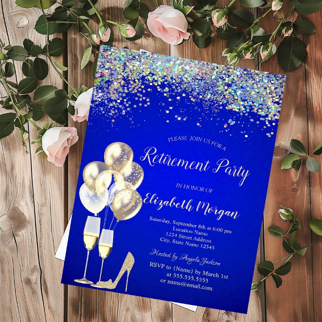 Balloons,Colorful Confetti Royal Blue Retirement  Invitation (Creator Uploaded)