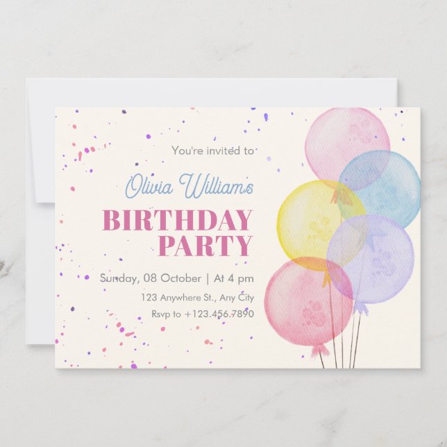 Balloons Colorful pastel watercolor birthday Invitation (Front)