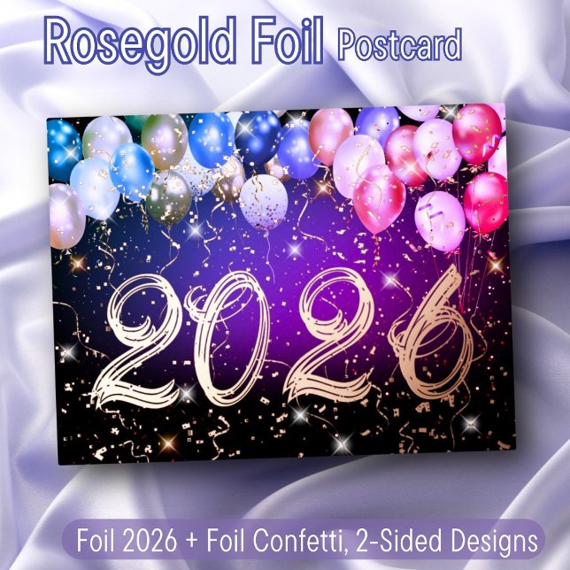 Balloons Confetti Happy New Year Elegant Rose Gold Foil Holiday Postcard (Creator Uploaded)