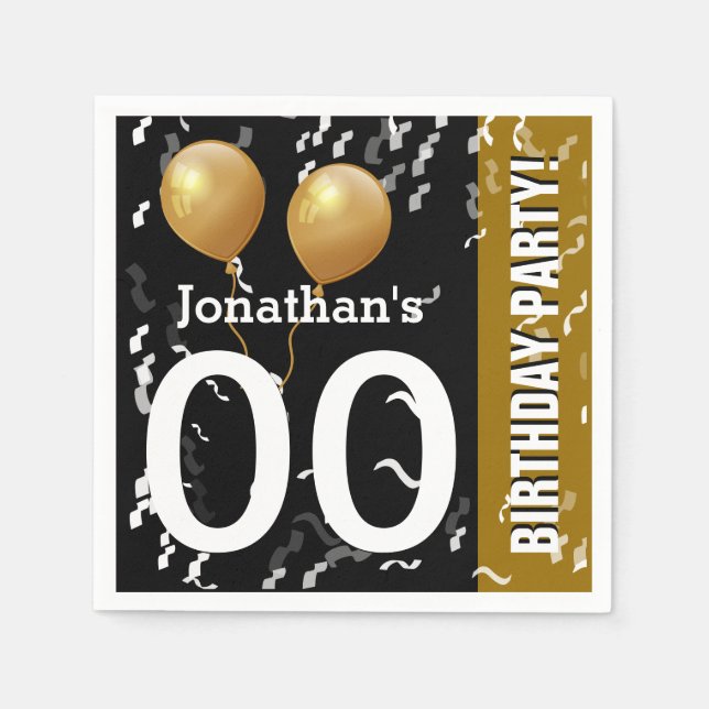 Balloons Confetti Modern Birthday B01 BLACK GOLD Paper Napkins (Front)