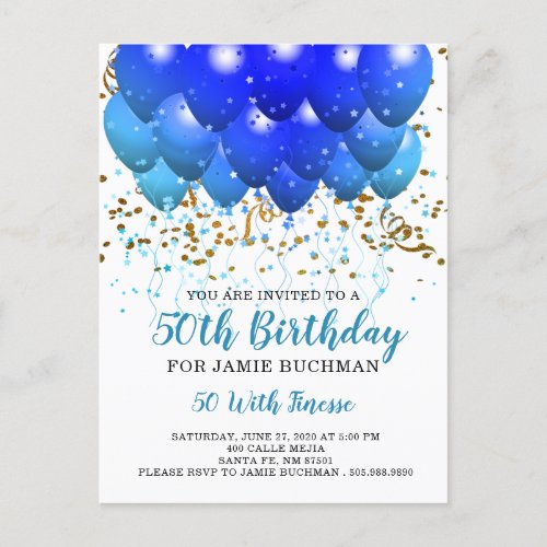 Balloons Confetti On White 50th Birthday Party Invitation Postcard