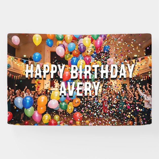 Balloons & Confetti  Personalized Happy Birthday Banner (Horizontal)
