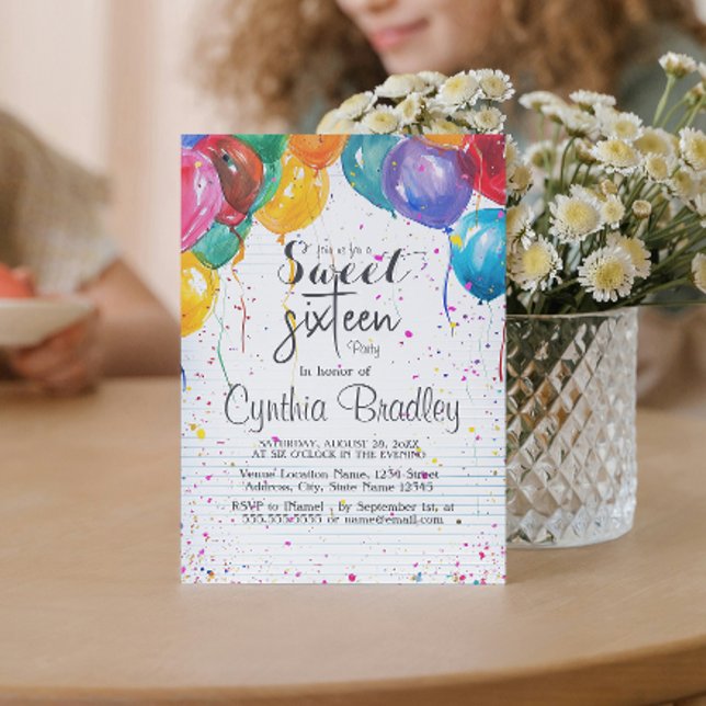Balloons & Confetti Sweet Sixteen Birthday Party  Invitation (Creator Uploaded)