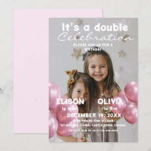 Balloons Double Celebration Photo Kids Birthday  Invitation
