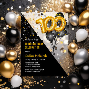 Balloons Elegant Black Gold 100th Birthday Party Acrylic Invitations
