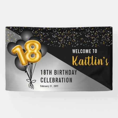 Balloons Elegant Black  Gold 18th Birthday Party  Banner
