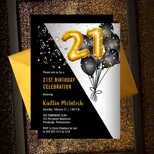 Balloons Elegant Black  Gold 21st Birthday Party Invitation