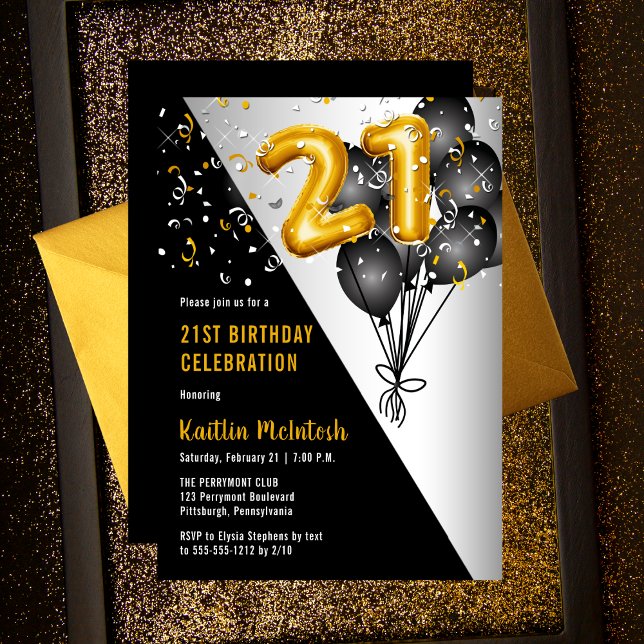 Balloons Elegant Black | Gold 21st Birthday Party Invitation (Balloons Elegant Black and Faux Gold 21st Birthday Party Celebration Invitation)