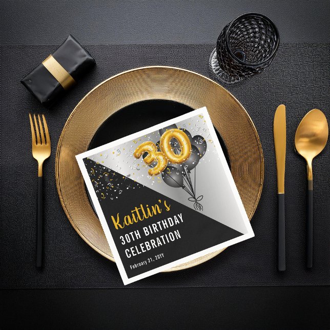 Balloons Elegant Black | Gold 30th Birthday Party  Napkins (Elegant Black Balloons and Gold Tone Balloon Numbers 30th Birthday Party Paper Napkins)