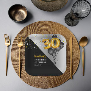 Balloons Elegant Black   Gold 30th Birthday Party  Paper Plates