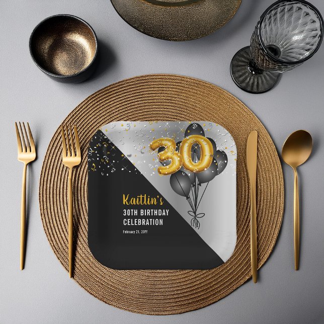 Balloons Elegant Black | Gold 30th Birthday Party  Paper Plates (Elegant Black Balloons and Gold Tone Balloon Numbers 30th Birthday Party Paper Plates)