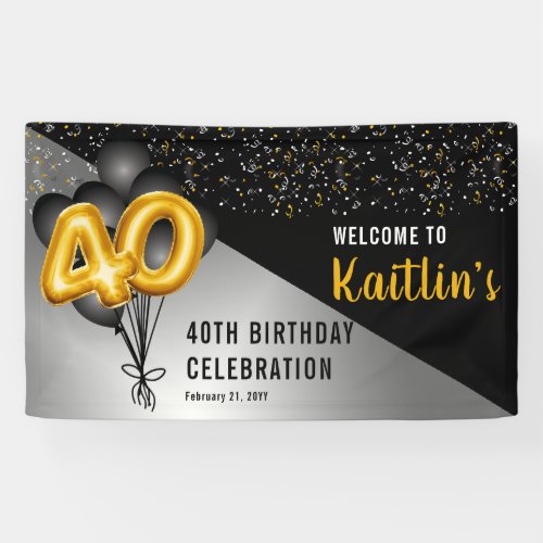 Balloons Elegant Black  Gold 40th Birthday Party  Banner