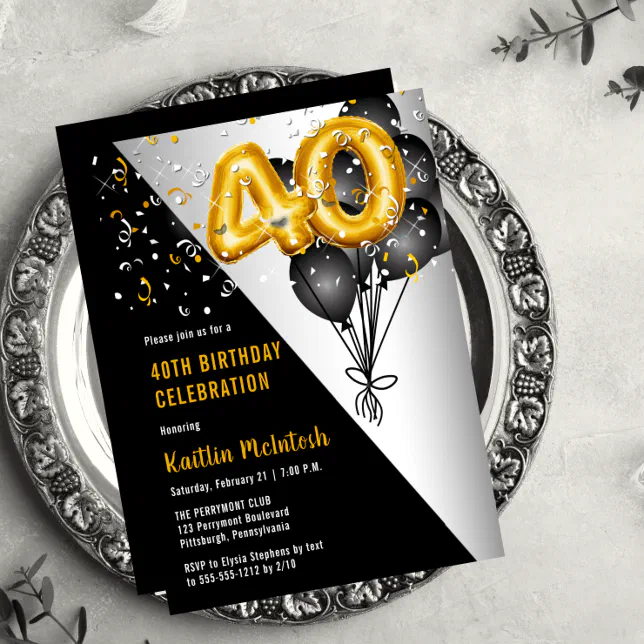 Balloons Elegant Black | Gold 40th Birthday Party Invitation | Zazzle