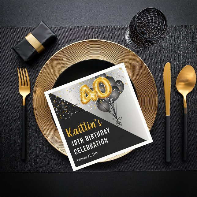 Balloons Elegant Black | Gold 40th Birthday Party  Napkins (Elegant Black Balloons and Gold Tone Balloon Numbers 40th Birthday Party Paper Napkins)