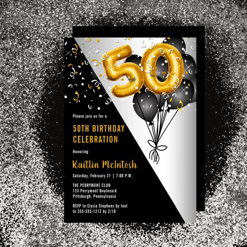 Balloons Elegant Black  Gold 50th Birthday Party Invitation