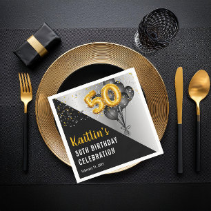 Balloons Elegant Black   Gold 50th Birthday Party  Napkins