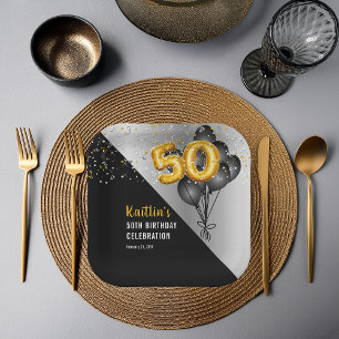 Balloons Elegant Black   Gold 50th Birthday Party  Paper Plates