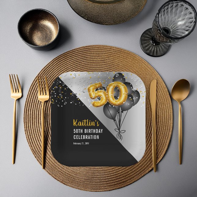 Balloons Elegant Black | Gold 50th Birthday Party  Paper Plates (Elegant Black Balloons and Gold Tone Balloon Numbers 50th Birthday Party Paper Plates)
