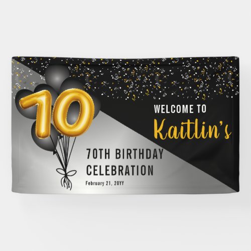 Balloons Elegant Black  Gold 70th Birthday Party Banner