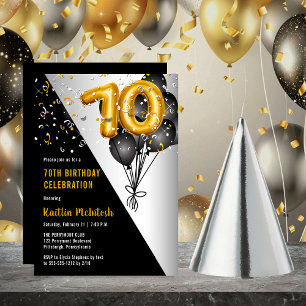 Balloons Elegant Black   Gold 70th Birthday Party Invitation