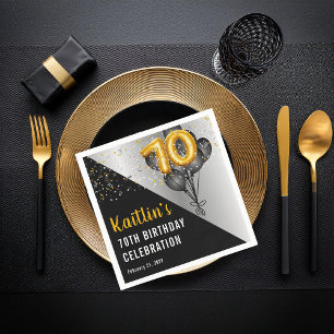 Balloons Elegant Black   Gold 70th Birthday Party  Napkins
