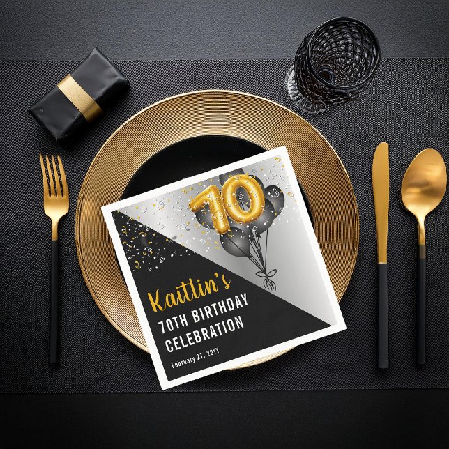 Balloons Elegant Black | Gold 70th Birthday Party  Napkins (Elegant Black Balloons and Gold Tone Balloon Numbers 70th Birthday Party Paper Napkins)
