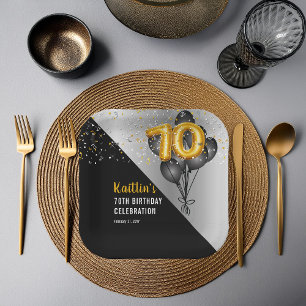 Balloons Elegant Black   Gold 70th Birthday Party  Paper Plates