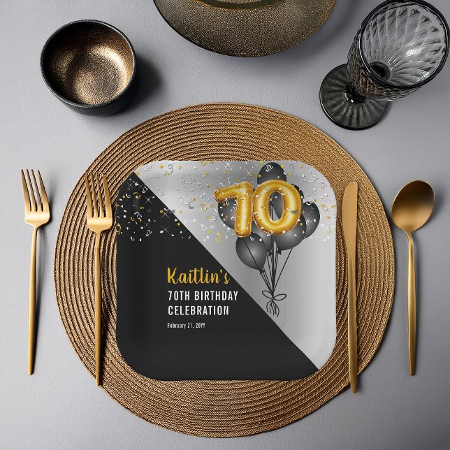 Balloons Elegant Black | Gold 70th Birthday Party  Paper Plates (Elegant Black Balloons and Gold Tone Balloon Numbers 70th Birthday Party Paper Plates)