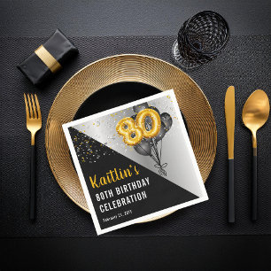 Balloons Elegant Black   Gold 80th Birthday Party  Napkins