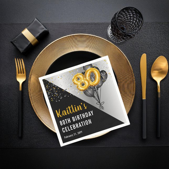 Balloons Elegant Black | Gold 80th Birthday Party  Napkins (Elegant Black Balloons and Gold Tone Balloon Numbers 80th Birthday Party Paper Napkins)