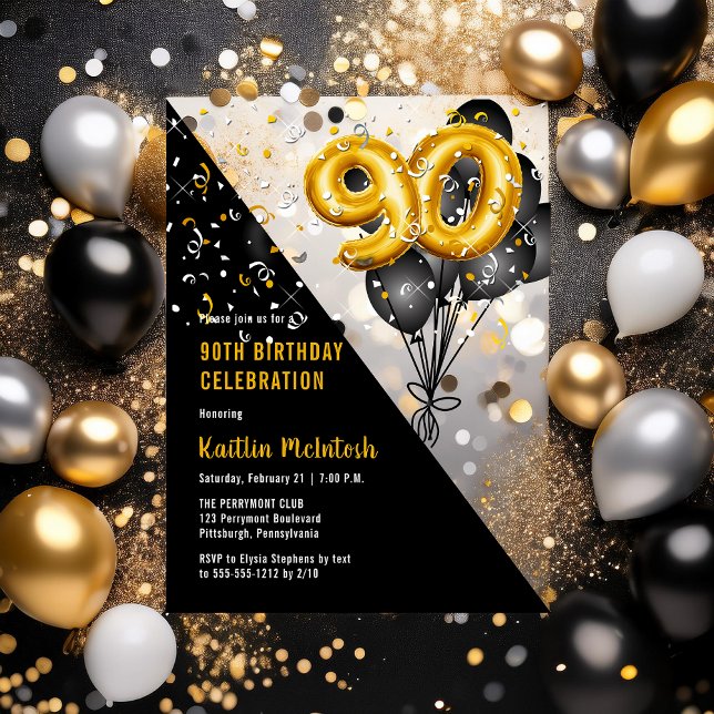 Balloons Elegant Black | Gold 90th Birthday Party Acrylic Invitations (Balloons Elegant Black and Gold Tone 90th Birthday Party Acrylic Invitations)