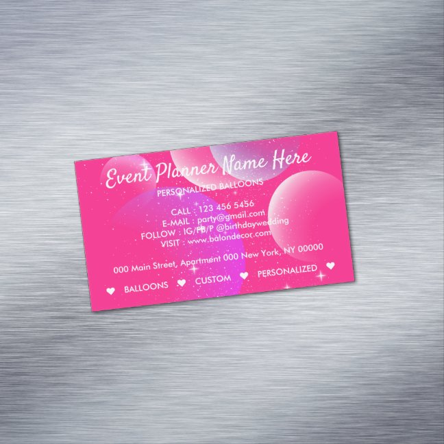 Balloons Event Party Plan Decor Pink Business Card Magnet