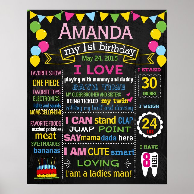 Balloons first birthday chalkboard sign poster 233 (Front)