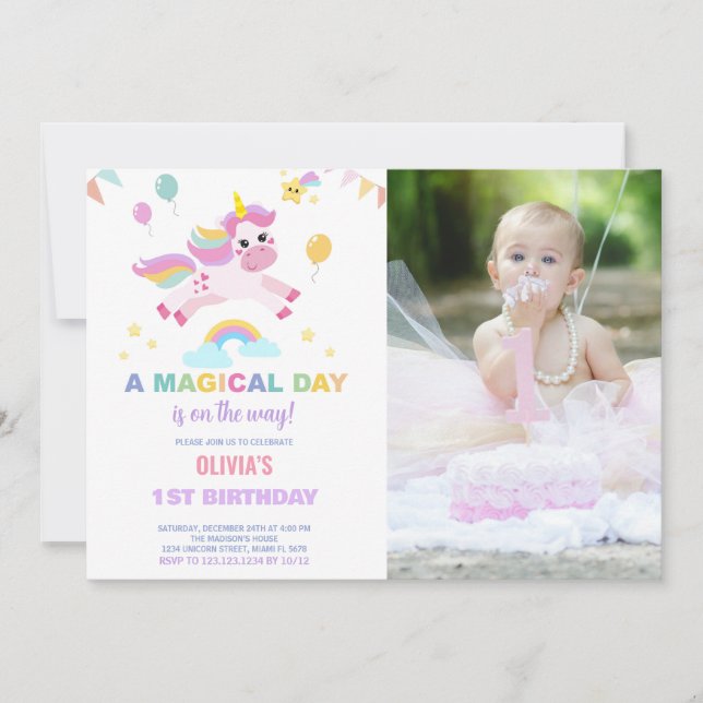 Balloons Flags Unicorns Birthday Invitations photo (Front)
