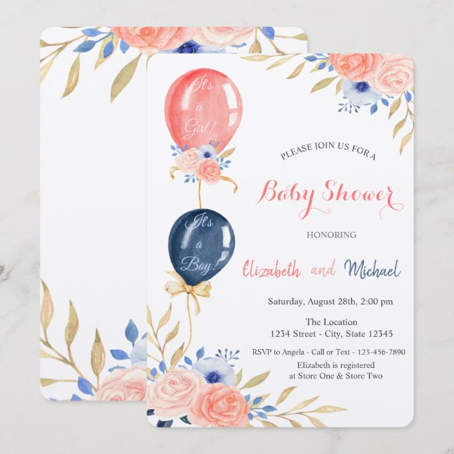 Balloons Floral Baby Shower Invitation (Front/Back)