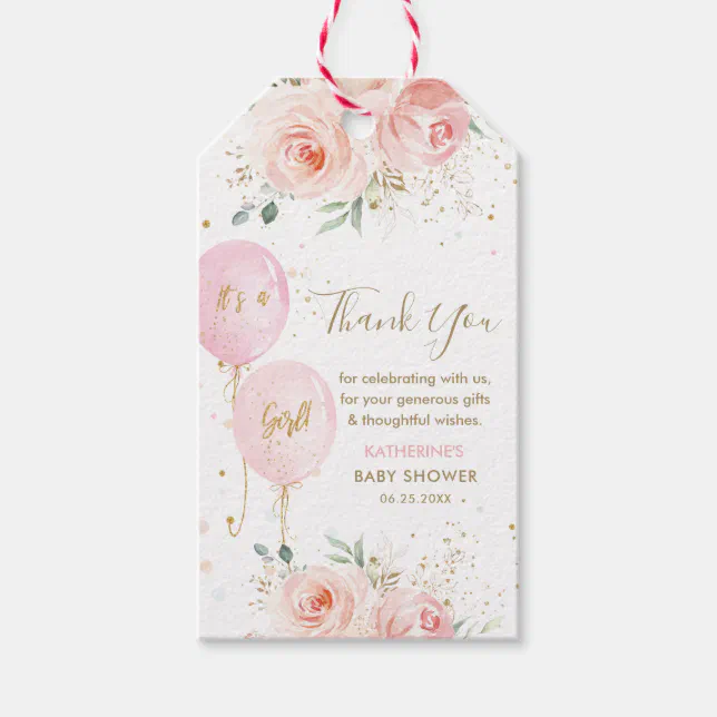 Balloons Floral Girl Baby Shower Thank You Favor Gift Tags | Zazzle